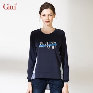 Gitti/吉蒂秋款字母印花条纹拼接长T恤女棉宽松大码套头衫G215488