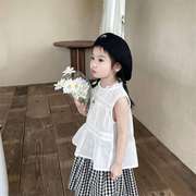 森系风~韩版女童刺绣蕾丝荷叶无袖娃娃衬衣+格子半身棉布裙分开拍