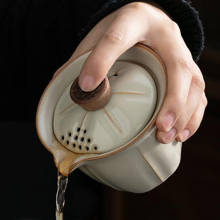 米黄汝窑盖碗茶杯大号单个高档不烫手手抓壶功夫茶具泡茶壶泡茶杯