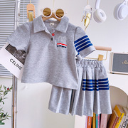 女童纯棉运动套装2024夏装女孩韩版短袖T恤百褶裙休闲两件套