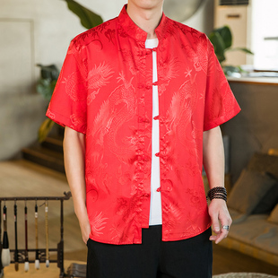 唐装男中国风龙纹短袖衬衫夏季中式盘扣中华立领衬衣复古半袖上衣