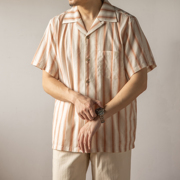 红风 美式复古提花条纹衬衫纯棉Aloha夏威夷宽松度假短袖衬衣男
