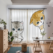 定制可爱猫咪窗帘卡通，手绘日式客厅挡风遮光飘窗装饰房间布帘纱帘