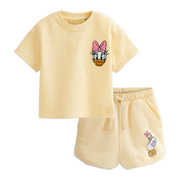 女童休闲短袖运动服套装儿童，纯棉夏装宝宝，黄色卡通t恤两件套短裤5