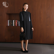 yun韫2021秋季文艺，气质polo领显瘦腰节拼色长袖女连衣裙
