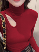 堆堆高领内搭打底衫女秋冬镂空心机显瘦红色，洋气长袖t恤上衣