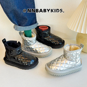 韩版儿童菱格雪地靴冬季男女童，加绒保暖短靴，软底宝宝防水棉靴