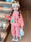 女童加绒套装宝宝秋冬装韩版休闲儿童加厚卫衣，运动4五6岁女孩衣服