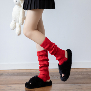 圣诞红色袜套秋冬雪地靴保暖针织腿套女新年大红小腿袜JK堆堆袜子