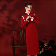 红色旗袍敬酒服新娘2023秋冬高级感小个子长袖新年过年拜年服女装