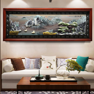 客厅装饰画山水浮雕挂画中式沙发，背景墙玉石画立体家和万事兴