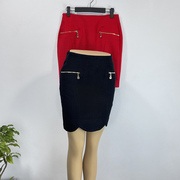 品牌折扣秋冬款黑色呢料高腰包(高腰包)臀裙时尚，性感修身红色毛呢短裙