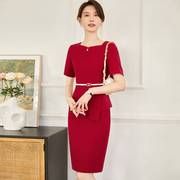 艾尚臣红色连衣裙夏季女士修身收腰显瘦裙子短袖职业装通勤包臀裙