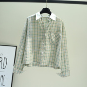 浅绿色单口袋(单口袋)格子短款长袖棉布，衬衫女秋季韩版小清新上衣外套