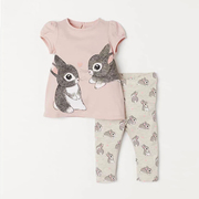 女童粉红兔子短袖t恤打底裤，套装夏季宝宝，纯棉上衣长裤两件套休闲