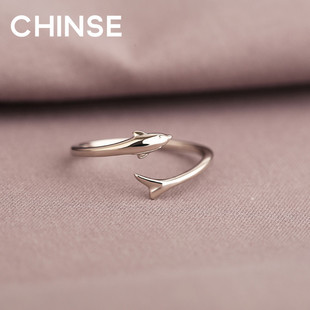 CHINSE海豚戒指纯银简约指环时尚个性冷淡风开口戒小众设计饰品女
