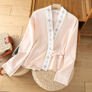 新中式国风衬衣搭配马面裙上衣女春季气质古风交领飞机袖粉色衬衫