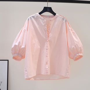 粉红色灯笼袖衬衣女2024夏季文艺，范气质(范气质)百搭小衫圆领7分袖棉上衣