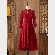 红色礼服长袖喜婆婆婚宴装结婚妈妈洋气高贵高端刺绣连衣裙