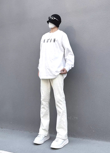 纯白色cleanfit牛仔裤美式vibe裤子男修腿型高街潮牌微喇直筒长裤