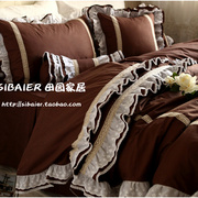 韩式欧式复古纯咖色蕾丝，荷叶边纯棉全棉，床裙款床上用品被套四件套