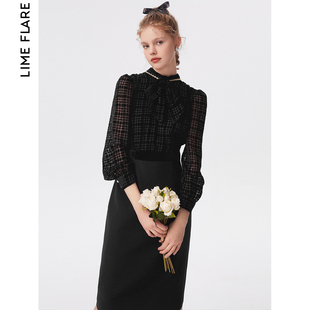 莱茵黑色格子长袖连衣裙假两件法式高级独特2023商场同款秋季