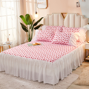 ins小清新粉色小草莓全棉荷叶花边床裙纯棉床罩单双人200cmx220床