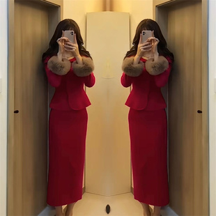 欧洲站网红套装裙，2022年冬季时尚长袖毛毛边(毛毛边)上衣+半身裙