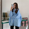 蓝色衬衫外套女秋装，2021韩版宽松慵懒风，百搭薄款纯色长袖衬衣