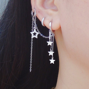 设计高级感纯银一体耳环S925银自由星双耳洞长款耳扣独特银饰