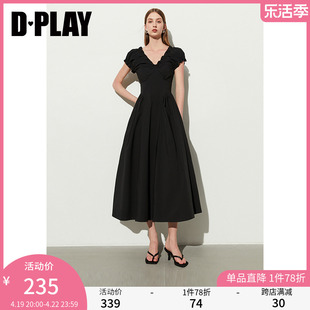 DPLAY2024夏法式风经典黑V领小包袖芭蕾舞分割短袖连衣裙小黑裙女