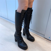 韩国东大门女鞋21秋季detro高跟粗跟英伦骑士系带机车高筒靴