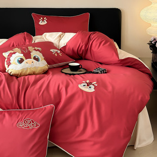 红色100s双股澳棉纯棉四件套，卡通刺绣全棉被套床单床上用品