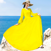 2024夏季泡泡袖v领长袖黄色雪纺连衣裙女修身显瘦大摆沙滩裙