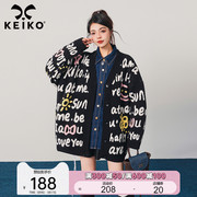 keiko甜酷字母提花毛衣外套，加厚春季慵懒风外穿v领针织开衫糖果色