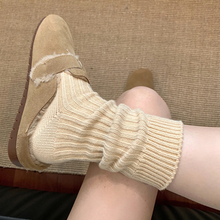 勃肯鞋袜子女秋冬粗线堆堆袜，纯棉针织毛线中筒袜，配雪地靴白色长袜