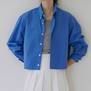 韩系短款克莱因蓝白扣子纯棉长袖衬衫 宽松显瘦显白蓝衬衣