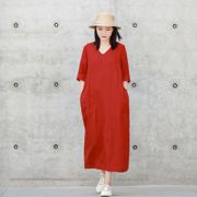 进口色织亚麻 文艺范女装高端气质复古红色V领连衣裙夏季宽松袍子