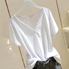 V领纯白色短袖T恤女2023夏季韩版宽松显瘦毛边体恤半袖上衣潮