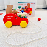 儿童小熊敲鼓学步拖拉玩具宝宝，拉线牵引手推车，拉拉车1-2岁榉木制