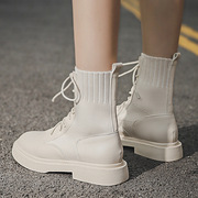 白色短靴2023年秋款平底系带，网红马丁靴女透气针织弹力瘦瘦靴加绒