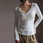 高品质莫代尔春季V领打底衫女内搭设计感上衣白色长袖t恤打底衣