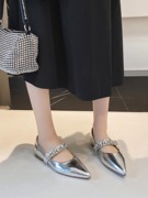 时尚女人玛丽珍女鞋2024春真皮，水钻舒适软皮银色尖头低跟单鞋