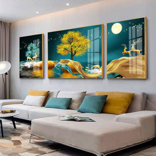 晶瓷画欧式现代客厅装饰画沙发背景墙挂画金属边框冰晶玻璃三联画