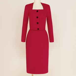 复古优雅名媛套装裙女秋冬法式气质红色订婚礼服敬酒服毛呢两件套