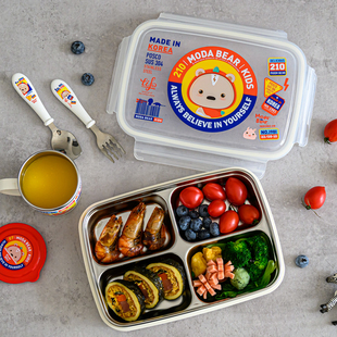 韩国tisou进口304不锈钢饭盒，分格餐盘带盖儿童餐盒小学生便当盒