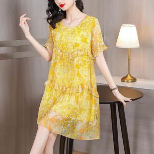 夏季大时尚码女装宽松黄色印花真雪纺短丝袖小个子连衣裙