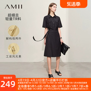 amii2024夏通勤(夏通勤)翻领假两件工装风短袖连衣裙女绑带小黑裙子