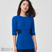 ateliermisslu上海设计师品牌女装，宝蓝色收腰连衣裙，法式复古