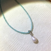 天河石Tiffany蓝小方糖项链天然珍珠吊坠